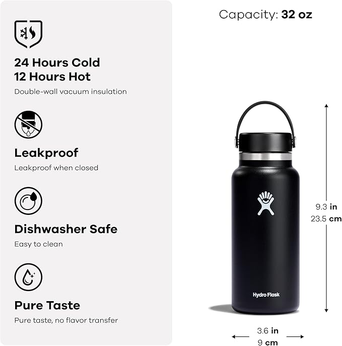Hydro Flask Water Bottle - Insulated Stainless Steel - Wide Mouth Flex Lid, Non Spill, Leakproof and Refillable in 32 Oz Fossil Brown