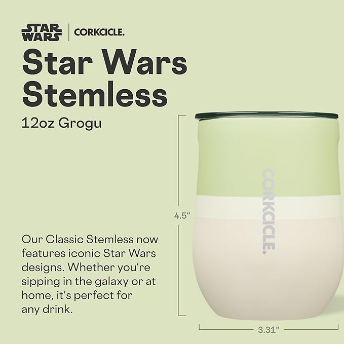 Corkcicle Stemless Insulated Wine Glass Tumbler - Keeps Beverages Cold 6 Hours & Hot 3 Hours - Stainless Steel - Easy-Grip - Summer Drinkware Gift - Keeps Drinks Ice Cold - 12 oz - Yoda