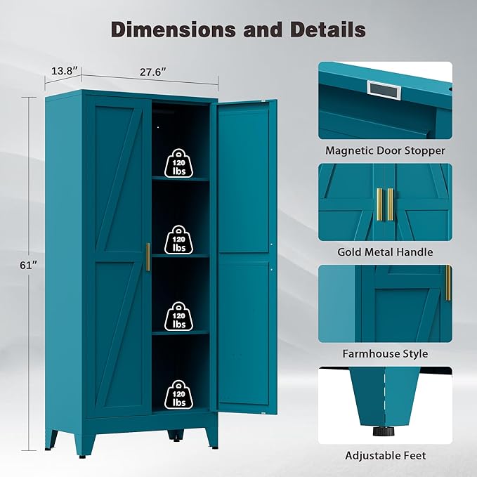 61" Tall Metal Pantry Cabinet, Kitchen Storage Cabinet with 2 Doors and 3 Adjustable Shelves for Kitchen, Living Room, Dining Room, Bathroom and Home, Office (Blue, 61" H)