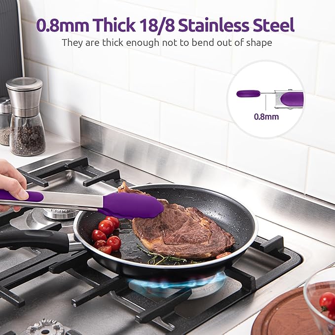 600ºF Heat Resistant Kitchen Tongs: U-Taste 9+12 inch Silicone Cooking Tong Set with Firm Sealed Non Stick Rubber Tips and Silicon Coated 18/8 Stainless Steel Handle for Serving Grilling Salad(Purple)