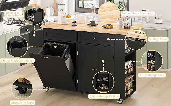 60'' Rolling Kitchen Island with Drop Leaf, Storage Islands Cart with Tilt Out Trash Can Cabinet, Rubber Wood Tabletop, Knife Holder, Wheels, Black