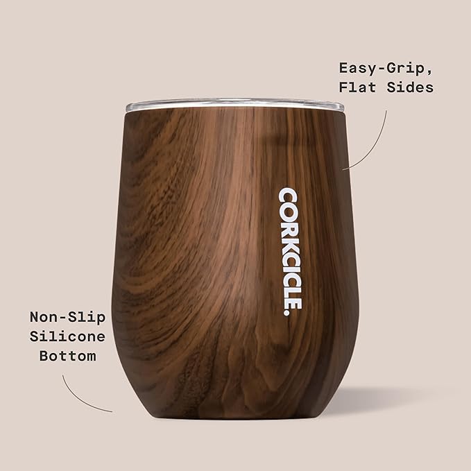 Corkcicle Stemless Insulated Wine Glass Tumbler - Keeps Beverages Cold 6 Hrs Hot 3 Hrs - Stainless Steel - Easy-Grip - Summer Drinkware Gift - Keeps Drinks Ice Cold - 12 oz - Walnut Wood
