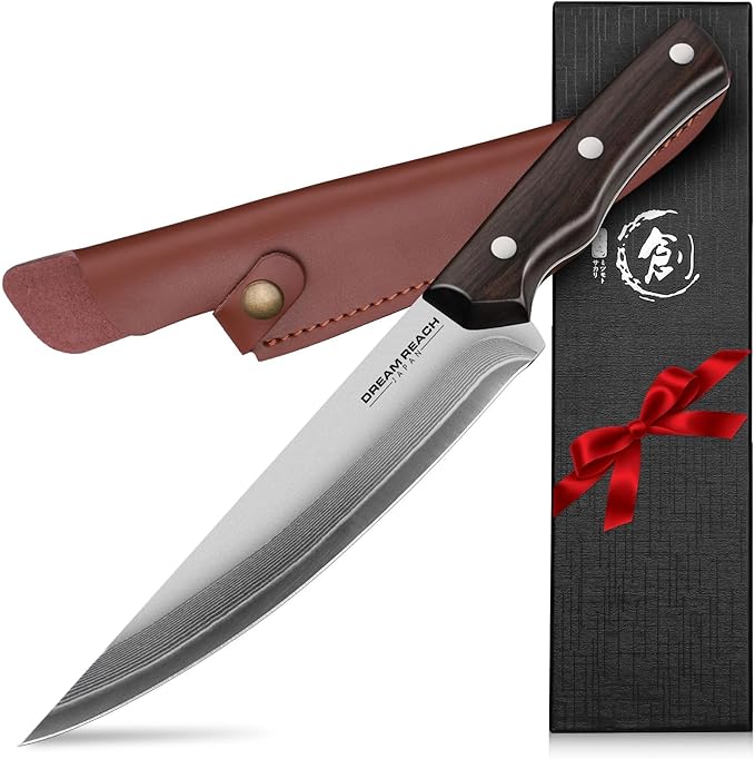 Dream Reach Boning Knife for Meat Cutting Japanese 6.7 inch High Carbon Steel Fillet Knife for Meat with Sheath-Razor Sharp for Kitchen Outdoor (Flow Series2), Christmas Gifts for Men
