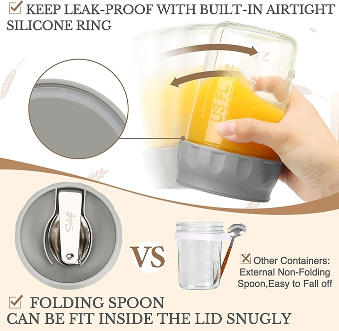 SOLIGT 2 Pack Overnight Oats Containers with Lids, Folding Spoons and Divided Compartments for Fruit & Nuts, Small Glass 16oz Mason Jars for Oatmeal Yogurt Parfait