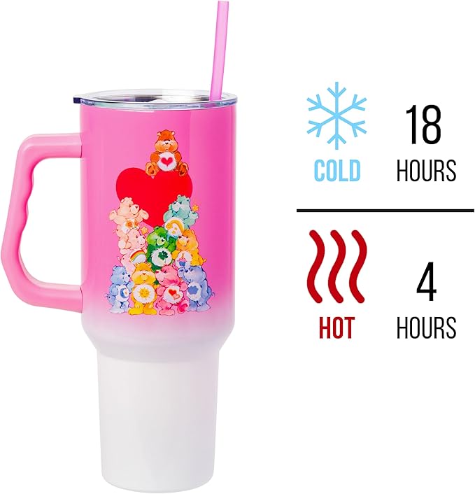 Silver Buffalo Care Bears Watercolor Heart Ombre Stainless Steel Tumbler with Handle and Straw, Fits in Standard Cup Holder, 40 Ounces