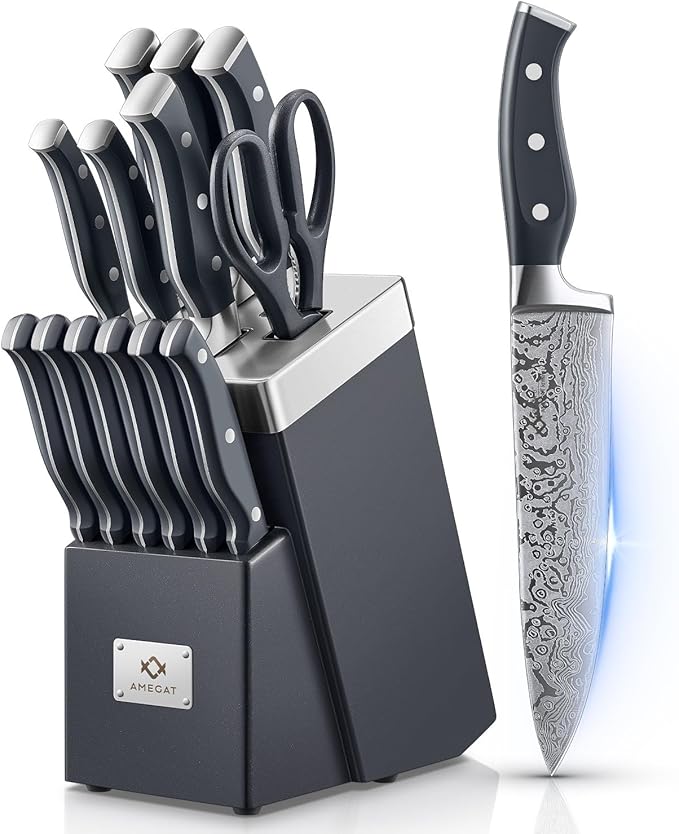 Knife Set, AMEGAT Knife Block Set with Advanced Self-Sharpening Technology, 14-Piece Waved Texture Kitchen Knives, Stainless Steel Knife Set with Block, Razor-Sharp and Full Tang Handle