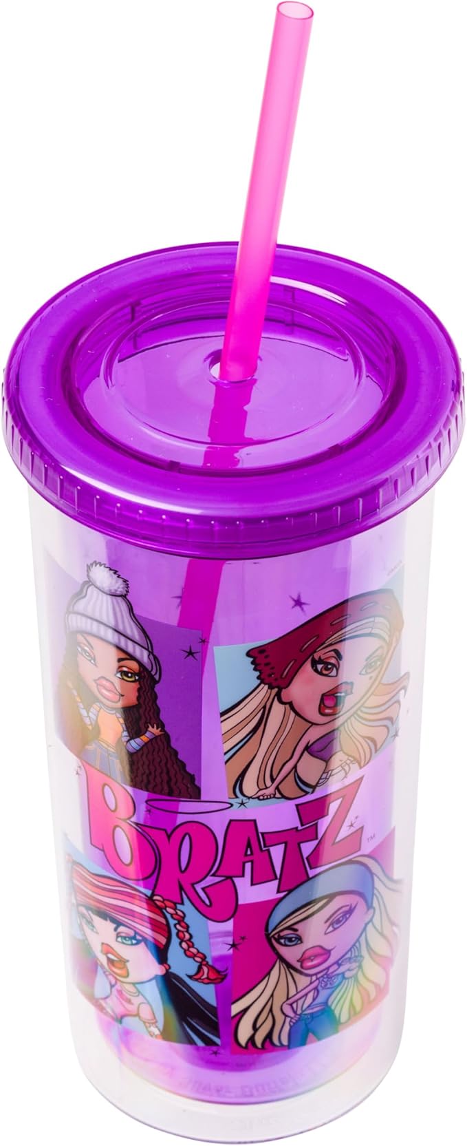 Silver Buffalo Bratz Grid Featuring Cloe, Yasmin, Jade, and Sasha Plastic Tall Cold Cup with Lid and Straw, 20 Ounces