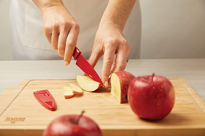 Kuhn Rikon Straight Paring Knife with Safety Sheath, 4 inch/10.16 cm Blade, Red, Yellow & Blue (Pack of 1)