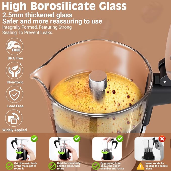 Induction Moka Pot, 9 Cups Crystal Glass-Top & Stainless Steel Moka Pot - Image 3