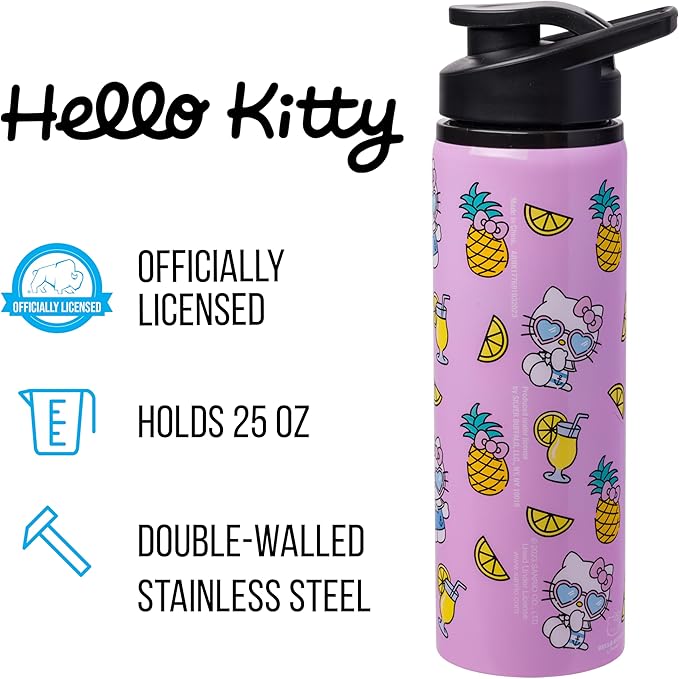 Silver Buffalo Sanrio Hello Kitty Summer Pineapples And Lemonade Stainless Steel Water Bottle, 25 Ounces