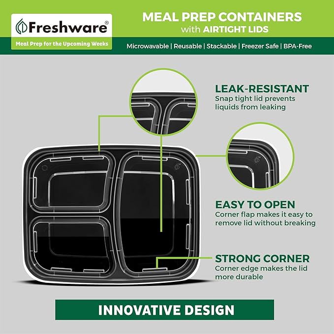 Freshware Meal Prep Containers [21 Pack] 3 Compartment with Lids, Food Storage Containers, Bento Box, BPA Free, Stackable, Microwave/Dishwasher/Freezer Safe (24 oz)