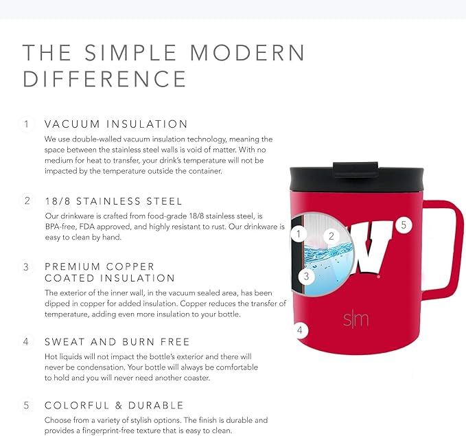Simple Modern Officially Licensed Collegiate University Coffee Mug with Leakproof Lid Insulated Stainless Steel Travel Mug | Scout, Classic Collection | 12oz