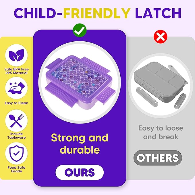 JYPS Bento Box for Kids,Leak-Proof Kids Lunch Box with 6 Compartments,Sauce Container,Utensils,BPA Free Microwave/Dishwasher Safe Lunch Container for Girls and Toddlers Back to School-Purple M