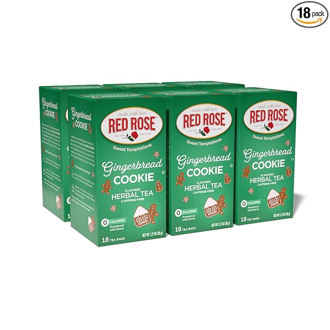 Red Rose Sweet Temptations Dessert Tea Gingerbread Cookie, Zero Carbs, Zero Sugar Bursting with Flavor Caffeine-Free Delicious Beverage Herbal Tea, 18 Count Naturally Flavored Herbal Tea Pack of 6