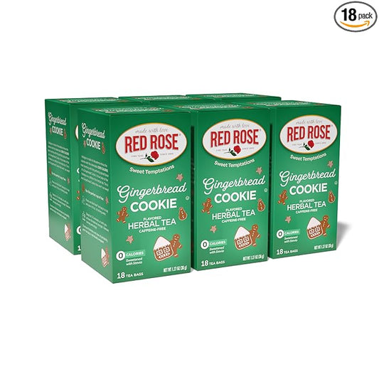 Red Rose Sweet Temptations Dessert Tea Gingerbread Cookie, Zero Carbs, Zero Sugar Bursting with Flavor Caffeine-Free Delicious Beverage Herbal Tea, 18 Count Naturally Flavored Herbal Tea Pack of 6
