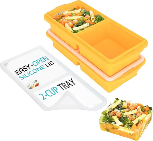 Silicone Freezer Tray With Lid-Soup Freezer Container molds-2-cup Extra Large Ice Cube Tray-makes 4 perfect 500ml portions cubes, For freezing soup,stews,sauces.Oven&Dishwasher-Safe(2-Pack)
