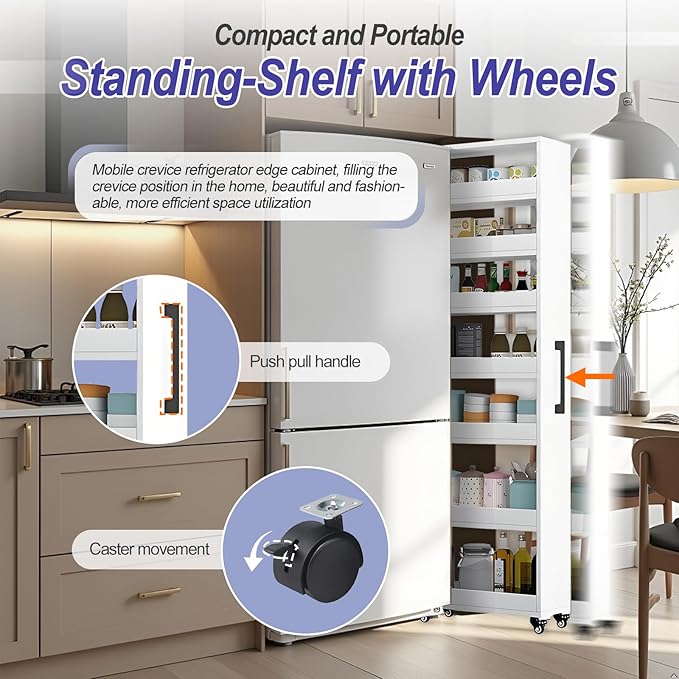 7-Tier Slim Storage Cart, Wooden Rolling Pantry Cabinet with Wheels, Narrow Shelf Organizer for Kitchen, Bakers Rack, Dining Room, Closet, Small Spaces Dark Walnut 73.2" H*7.8" W*23.6" D