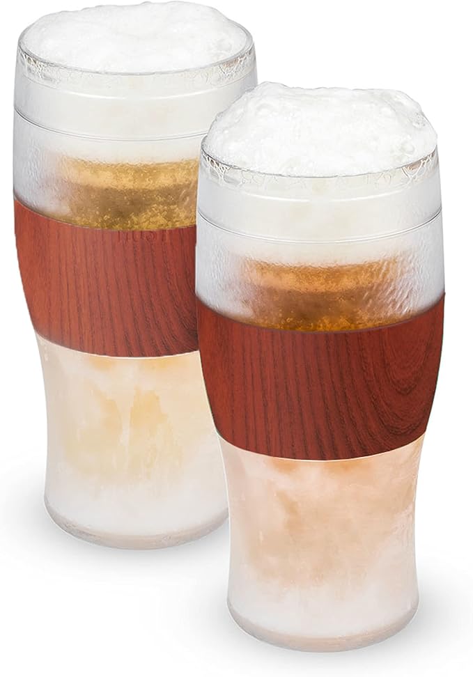 Host Freeze, Frozen Mugs, Freezable Pint Set, Beer Keep Your Drinks Cold, Double Walled Insulated Glasses, Tumbler for Iced Coffee, 16oz, Set of 2, Wood