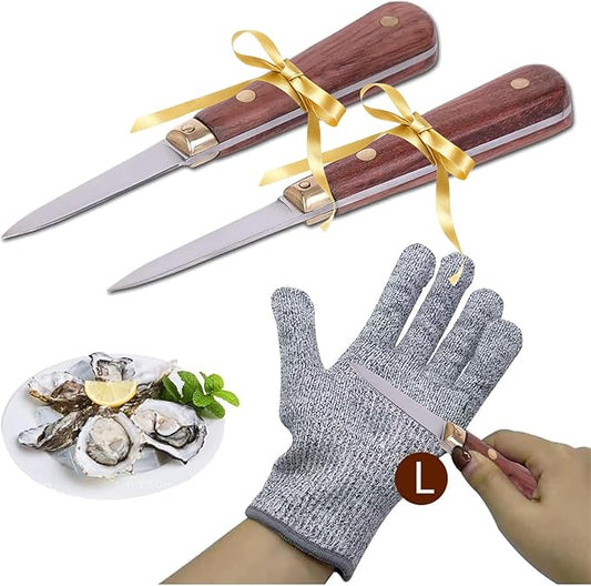 SPEENSUN Oyster Shucking Knife - Not Easy to Break and Bend, More Secure with Gloves (2 Knife and 1 Glove L) - Best Oyster Shucking Set