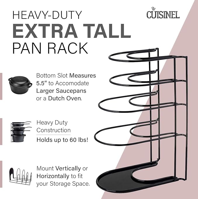 Heavy Duty Pan Organizer, Extra Large 5 Tier Rack - Holds Cast Iron Skillets, Dutch Oven, Griddles - Durable Steel Construction - Space Saving Kitchen Storage - No Assembly Required - Black 15-inch