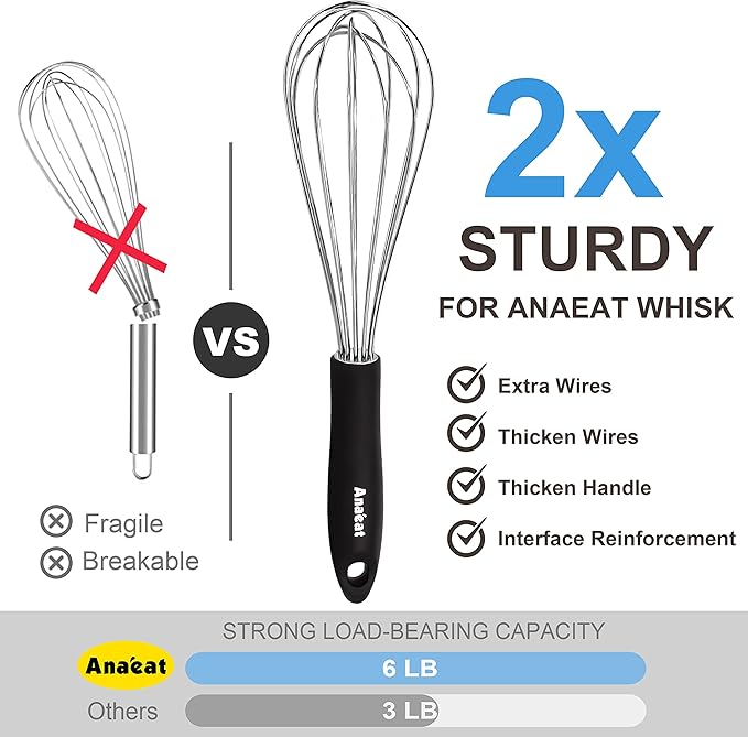 Anaeat Stainless Steel Kitchen Whisk Set of 5, Milk and Egg Beater Blender with Thick Wire for Whisking, Cooking, Baking, Beating and Stirring - 5"+7" Mini Whisk and 8.5''+10.5''+12'' Balloon Whisks