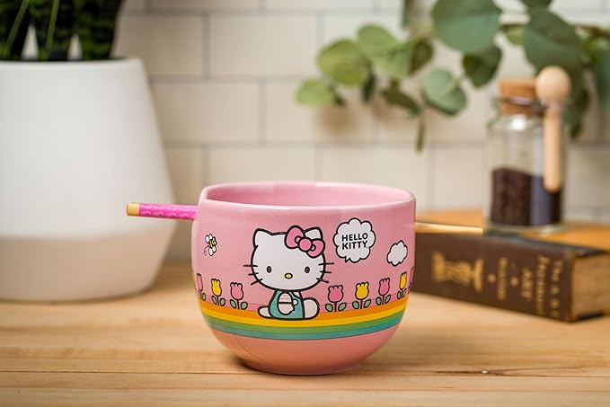 Silver Buffalo Hello Kitty Spring and Summer Flowers Rainbow Stripes Ceramic Ramen Noodle Rice Bowl with Chopsticks, Microwave Safe, 20 Ounces