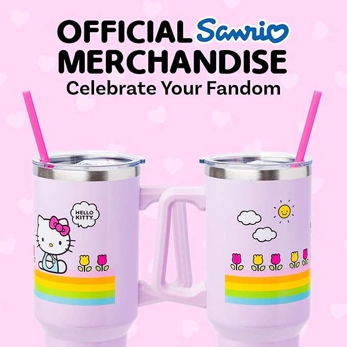Silver Buffalo Sanrio Hello Kitty Spring and Summer Flowers Rainbow Stripes Stainless Steel Tumbler with Handle and Straw, Fits in Standard Cup Holder, 40 Ounces