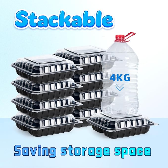 YANGRUI Plastic Containers 8" 34 oz 25 Pack - Reusable Anti Fog Crystal Lid | BPA Free PP Freezer & Microwave Safe Shrink Wrap To Go Box | Black Restaurant Hotel Grade 3 Compartment Takeout Container