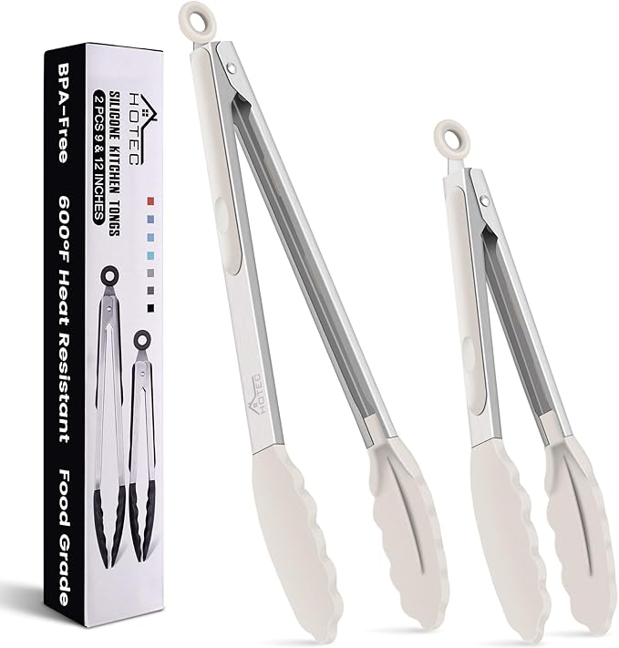 HOTEC Premium Stainless Steel Locking Kitchen Tongs with Silicon Tips, Set of 2-9" and 12",Khaki