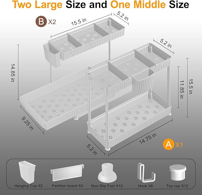 3 Pack Multi-Purpose Under Sink Organizers and Storage (White, 14.85 inches)