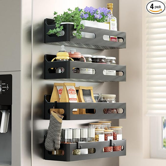4 Pack Magnetic Spice Rack for Refrigerator, Spice Rack Organizer, Moveable Magnetic Shelf Fridge Organizer with 4 Hooks for Kitchen and Oven Organization, Black