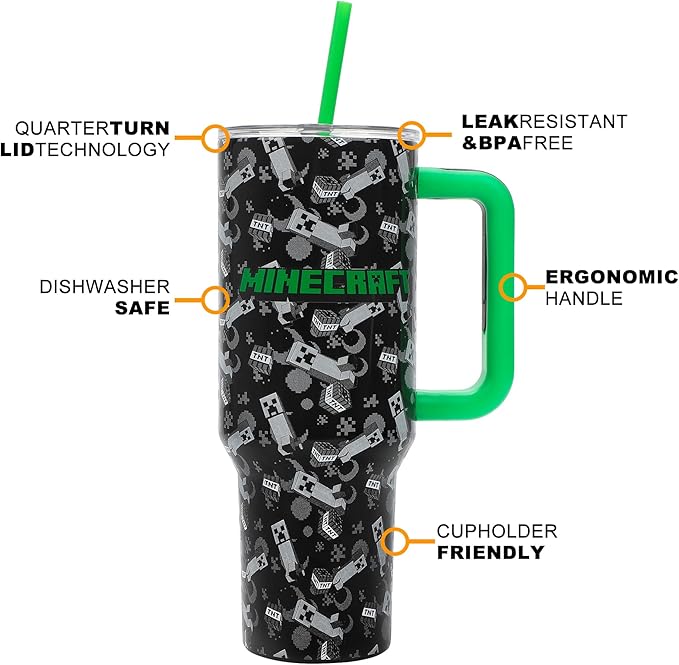 Bioworld Minecraft Creeper & TNT 40 Oz Black Stainless Steel Tumbler With Handle