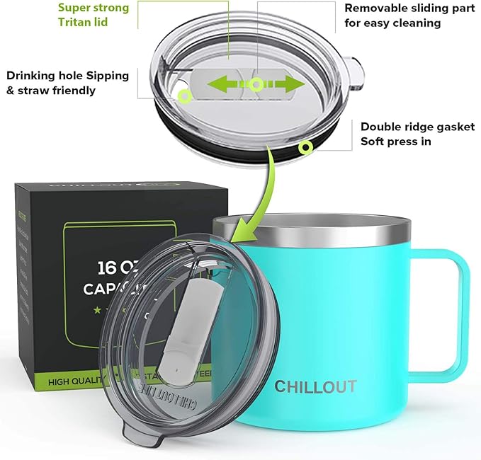 CHILLOUT LIFE Stainless Steel 16 oz Vacuum Insulated Coffee Mug with Handle and Lid, Large Thermal Camping Coffee Mug Cup with Durable Sliding Lid for Men & Women, Keeps your Beverages Hot/Cold