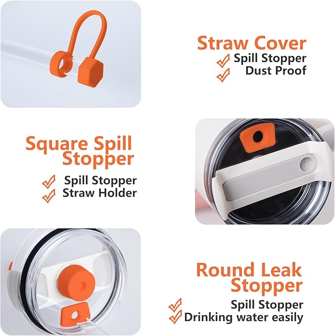 Silicone Spill Stopper Set Compatible with Stanley Cup 2.0 30oz & 40oz with Straw Cover (Set of 2, Tigerlily)