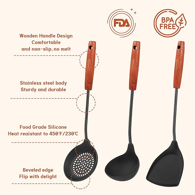 FJNATINH Wok Tools, Wok Utensil,Wok Spatula,Ladle,Skimmer Tool Set,Non Stick Heat-Resistant Silicone Cooking Utensils BPA Free Kitchen Utensils Cookware, Pack of 3,Black