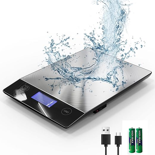 AZC 250mAh Rechargeable Food Scale，0.1oz-33lb， 304 Stainless Steel Waterproof Kitchen Scale，Batteries and Type-C Charging Food Scales for Kitchen，Inclined LCD Display