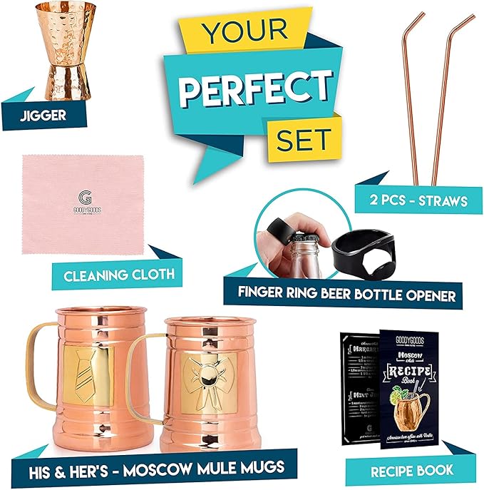 G GOODYGOODS Moscow Mule Copper Mugs: Make Any Drink Taste Better! 100% Pure Solid Copper His & Hers Gift Set - 2 Hammered 18 OZ Cups, 2 Unique Straws, Jigger & Recipe Booklet