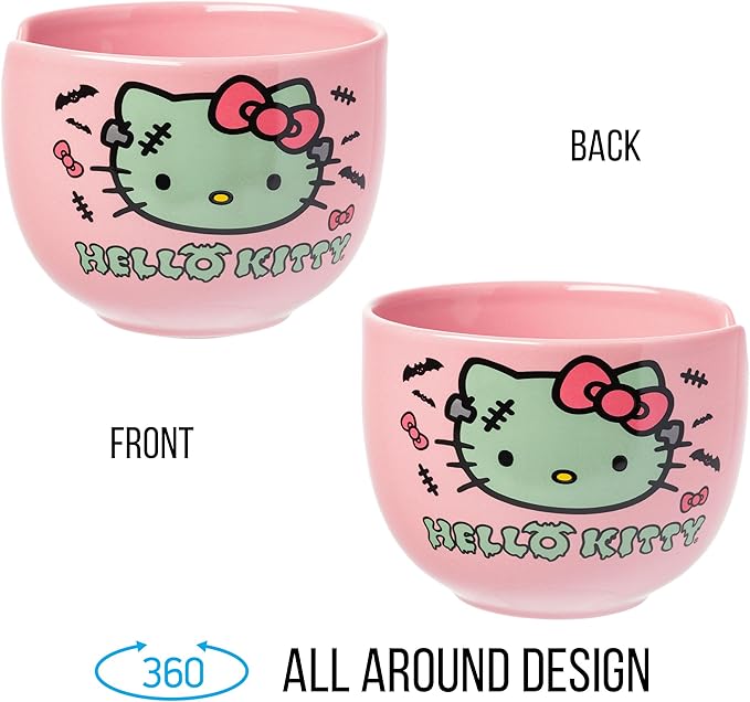 Silver Buffalo Sanrio Hello Kitty Halloween Spooky Frankenstein Ceramic Ramen Bowl with Chopsticks, Microwave Safe, 20 Ounces