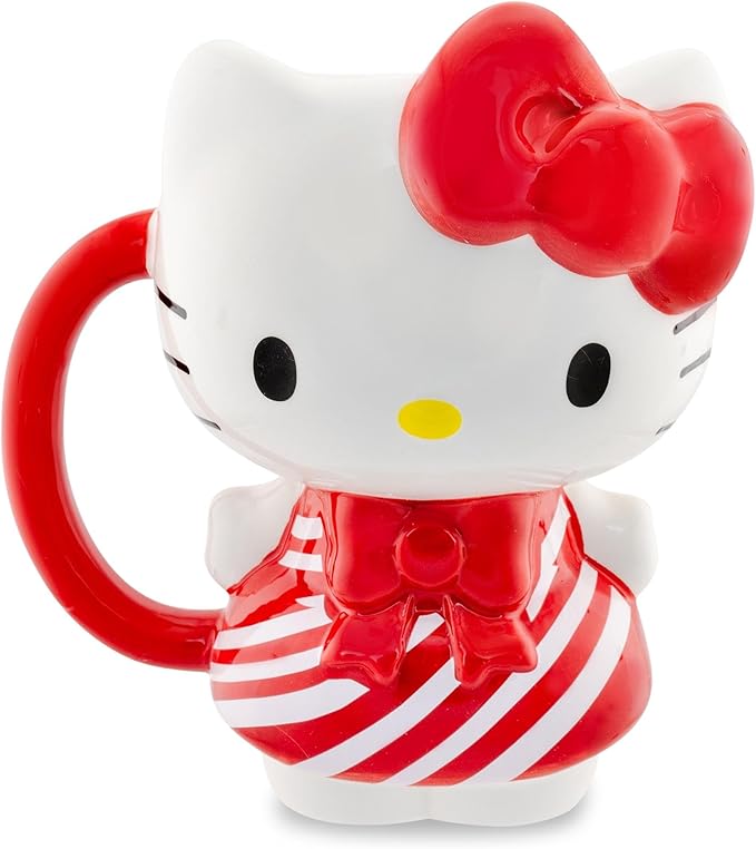 Silver Buffalo Sanrio Hello Kitty Christmas Holiday Candy Cane Dress 3D Sculpted Ceramic Mug, 20 Ounces
