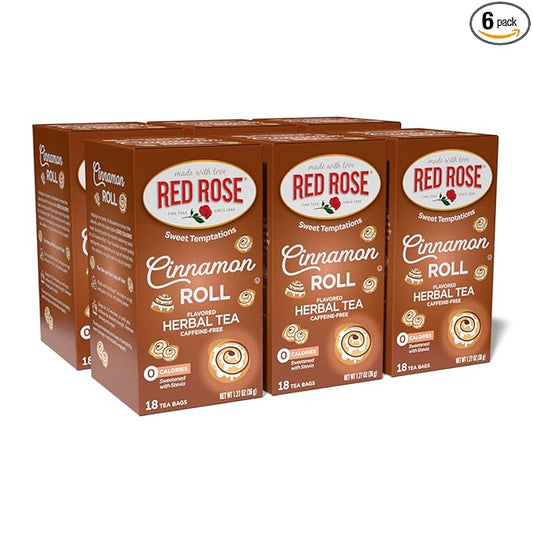 Red Rose Sweet Temptations Dessert Tea Cinnamon Roll, Zero Carbs, Zero Sugar Bursting with Flavor Caffeine-Free Delicious Beverage Herbal Tea, 18 Count Pack of 6 Fruit Naturally Flavored Herbal Tea