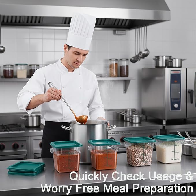 4 Pack 4QT Food Storage Containers with Green Lids, Clear Square Commercial Food Grade Storage Containers with Handles and Scales, BPA-Free Airtight Restaurant Container for Sourdough, Marinating Meat