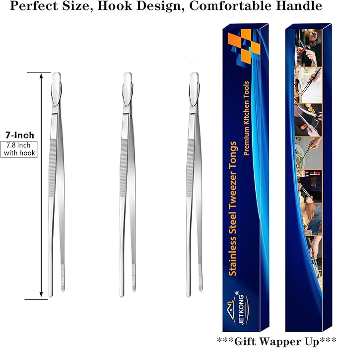 JETKONG 7 Inch Tweezers Tongs Mini Kitchen Food Tweezers Small Cooking Thin Tongs, Set of 3 (7 7 7 Inch, Silver)