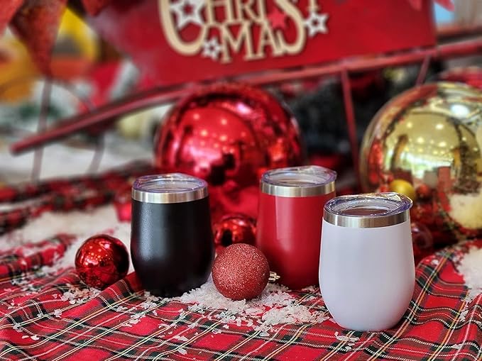 CHILLOUT LIFE 12 oz Stainless Steel Wine Tumblers 2 Pack - Double Wall Vacuum Insulated Wine Glasses Cups with Lids and Straws Set Keeping Cold & Hot for Coffee, Beer, Ice Cream - Powder Coated Red