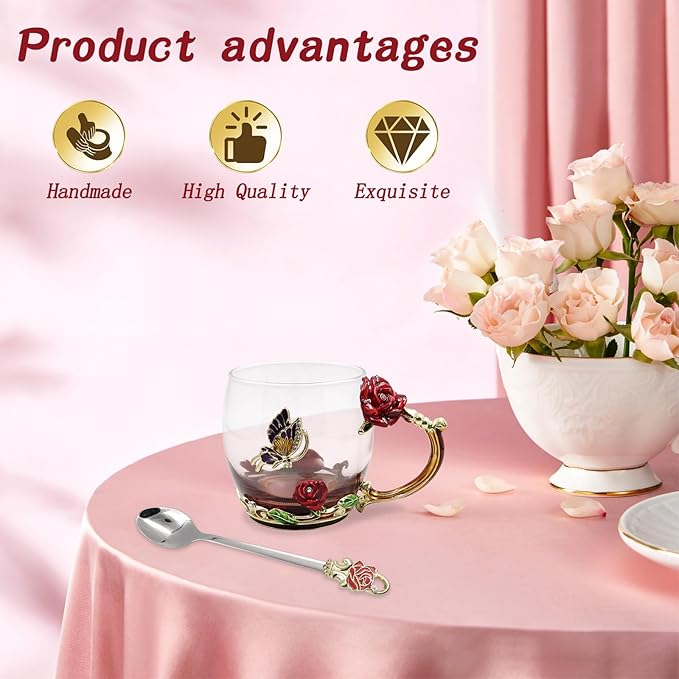 Enamels Butterfly Flower Tea Cup, Glass Coffee Mugs with Spoon, Gifts for Birthday Valentines Mothers Day Graduation Christmas, Presents for Women Wife Mom Her Grandma Girls Teacher Friends