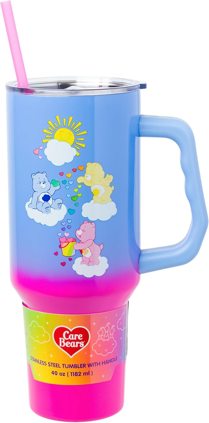 Silver Buffalo Care Bears Ombre Stainless Steel Travel Tumbler With Handle, Lid, and Reusable Straw | Holds 40 Ounces