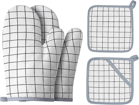 Oven Mitts and Potholders BBQ Gloves-Oven Mitts and Pot Holders with Recycled Infill Silicone Non-Slip Cooking Gloves for Cooking Baking Grilling (4-Piece Set) (White)