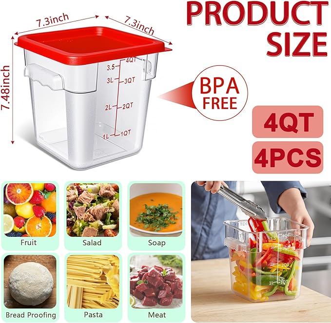 4 Pack 4QT Food Storage Containers with Red Lids, Clear Square Commercial Food Grade Storage Containers with Handles and Scales, BPA-Free Airtight Restaurant Container for Sourdough, Marinating Meat