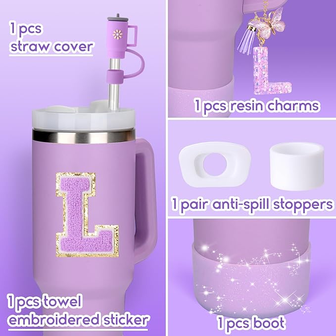 Mity rain 6PCS Cup Accessories Set for Stanley Cup 30oz 40oz tumbler with handle, Including Silicone Straw Topper Cover Cap and Boot, Spill Proof Stopper, Handle Charm, Initials Sticker (Letter L)