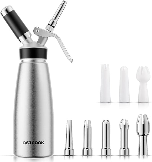 Professional Aluminum Whipped Cream Dispenser - 500 mL/1 Pint,Leak-Free Whipped Cream Maker Canister with 8 Decorating Nozzles & Cleaning Brush - N2O Chargers (Not Included) (Silver, 500ml)