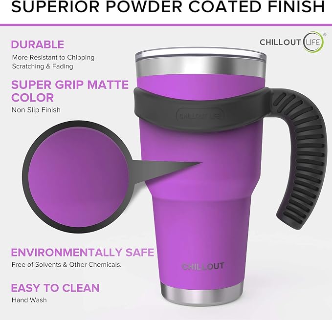 Stainless Steel Travel Mug with Handle 30 oz – 6 Piece Set. Tumbler with Handle, Straw, Cleaning Brush & 2 Lids. Double Wall Insulated Large Coffee Mug Bundle - Purple Powder Coated Tumbler